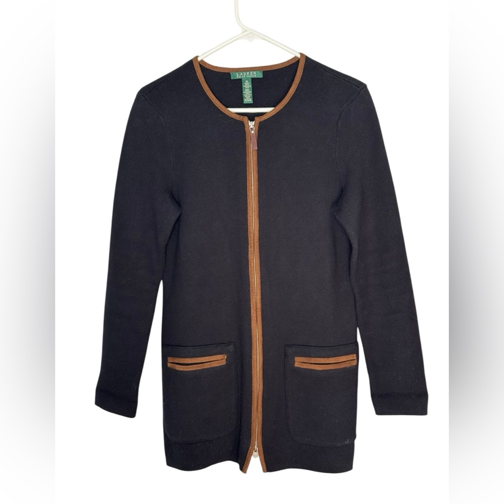 Lauren Ralph Lauren Size Medium Black/Brown Cotton/Polyester Zip Up LL Cardigan